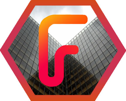 Imagem da logo da empresa sobra a imagem da empresa que está em formato hexagonal.